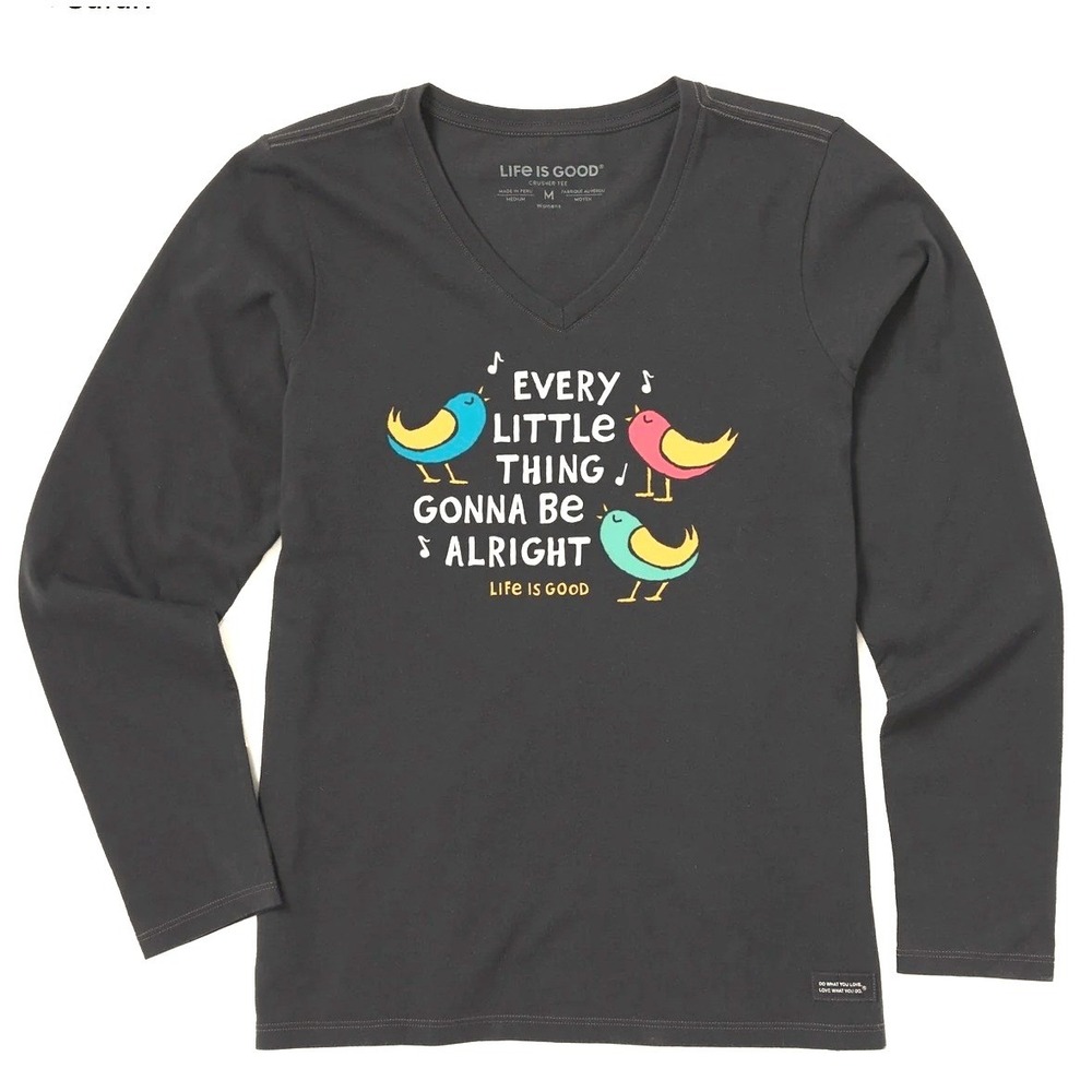 Life Is Good Gonna Be Alright Birds Long Sleeve V-Neck Crusher Tee, Small, Black